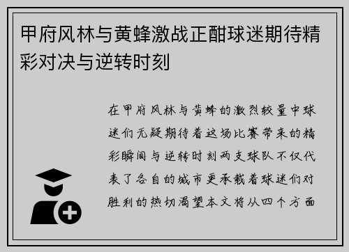 甲府风林与黄蜂激战正酣球迷期待精彩对决与逆转时刻